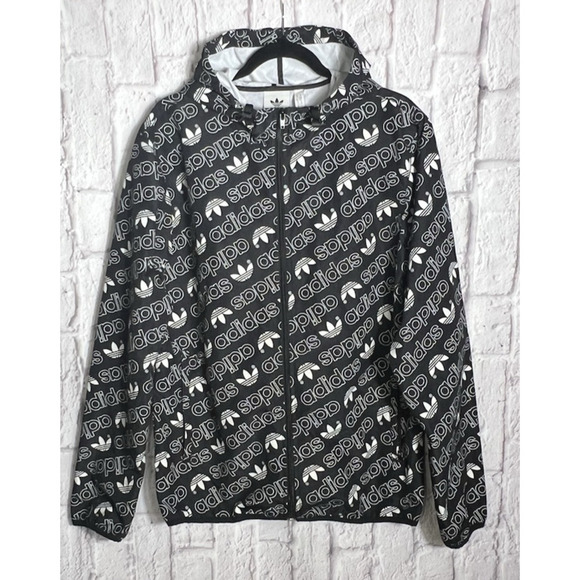 ADIDAS Monogram Windbreaker Raincoat Hooded Track Jacket Mens Black Size S - Picture 1 of 10